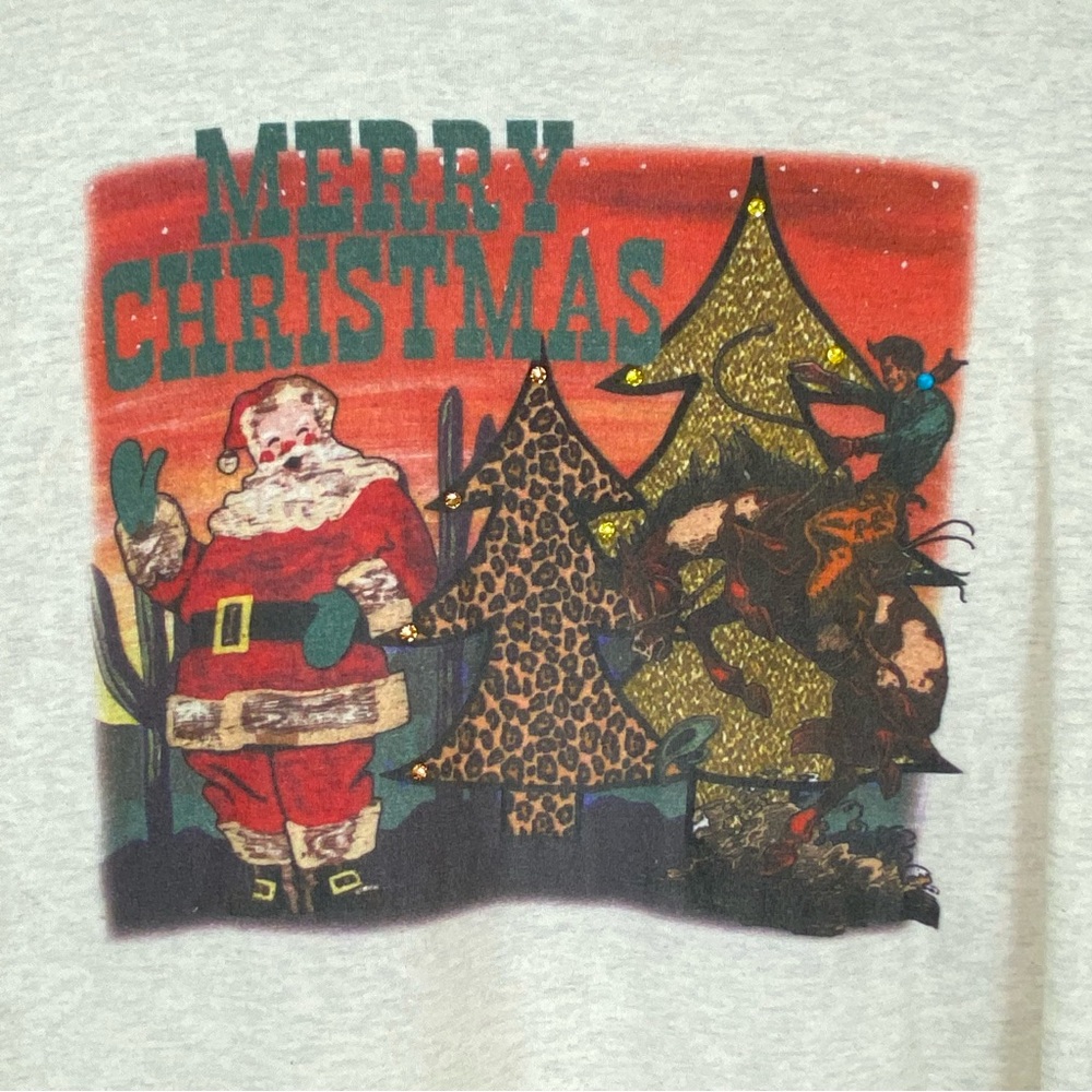 LAT Live and Tell Christmas Womens Medium Shirt Top Santa Animal Print Beige Red